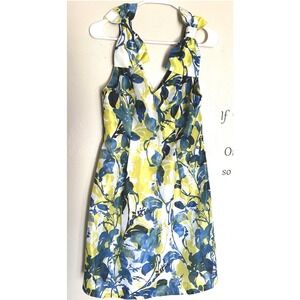 Tyler Boe Women Yellow Blue Floral Bow Shoulder V-Neck Fit Flare Dress Size 4